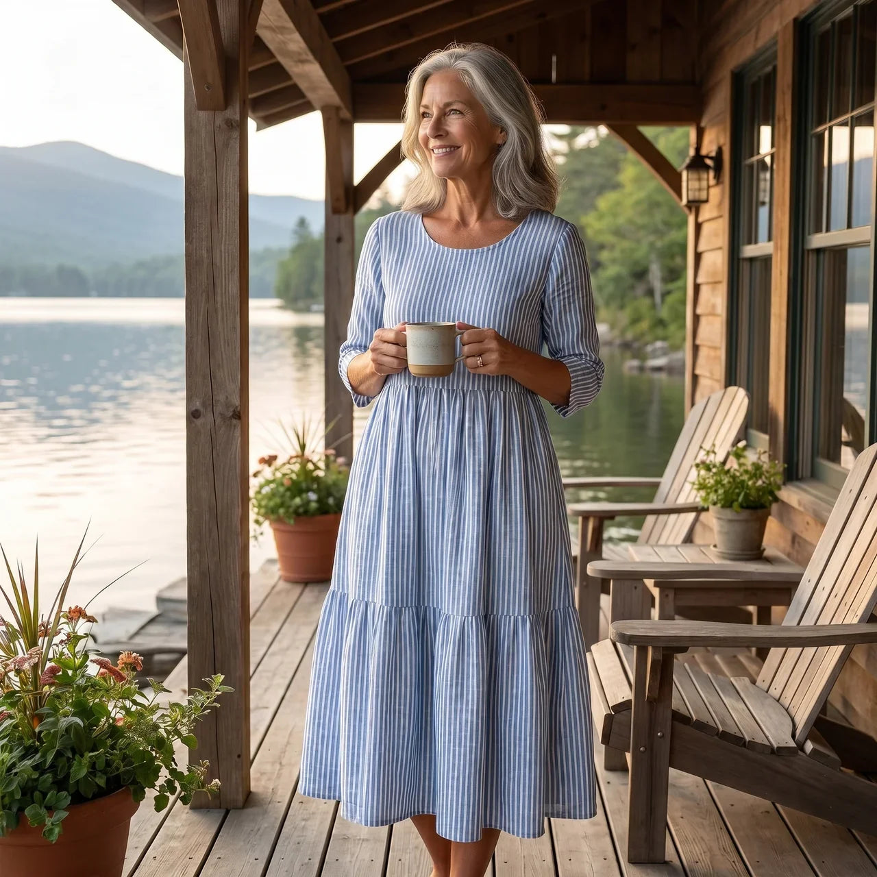 AMANDA | STRIPED MIDI DRESS WITH ELEGANT TUMMY COVERAGE